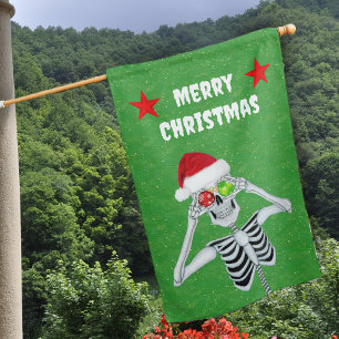 Silly Merry Christmas Skeleton Ornament Eyes Green House Flag