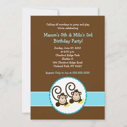 Silly Monkey Trendy 2 children Birthday invitation