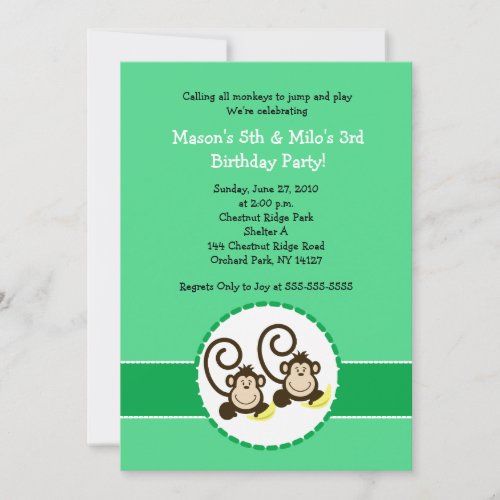 Silly Monkey Trendy 2 children Birthday invitation