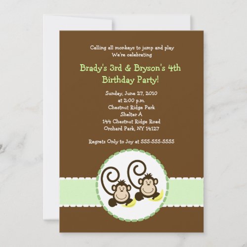 Silly Monkey Trendy 2 children Birthday invitation