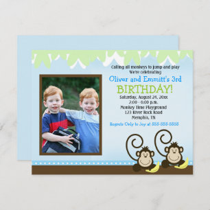 Silly Monkey Twins Photo Birthday Invite