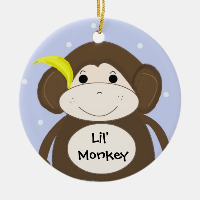 Silly Monkey with a Banana in his Ear Ceramic Ornament (Front)
