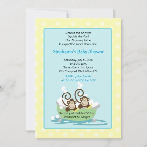Silly Monkeys in Tub Twins Baby Shower - Yellow Personalized Invite