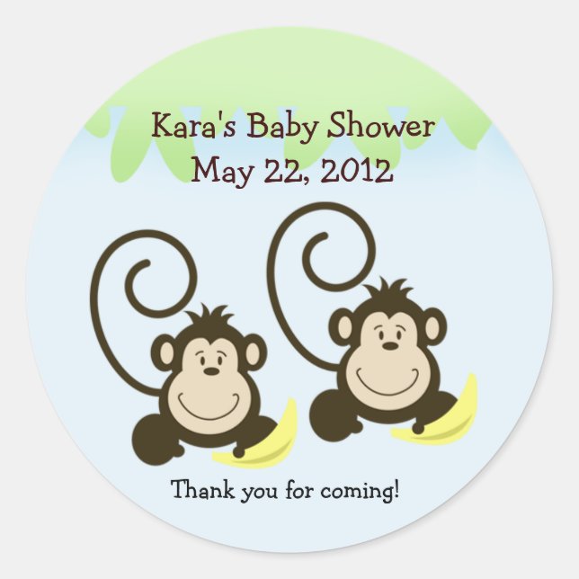 SILLY MONKEYS TWINS Baby Shower Favor Sticker (Front)
