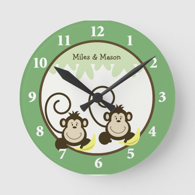 Silly Monkeys Twins Wall Clock - Green (Front)