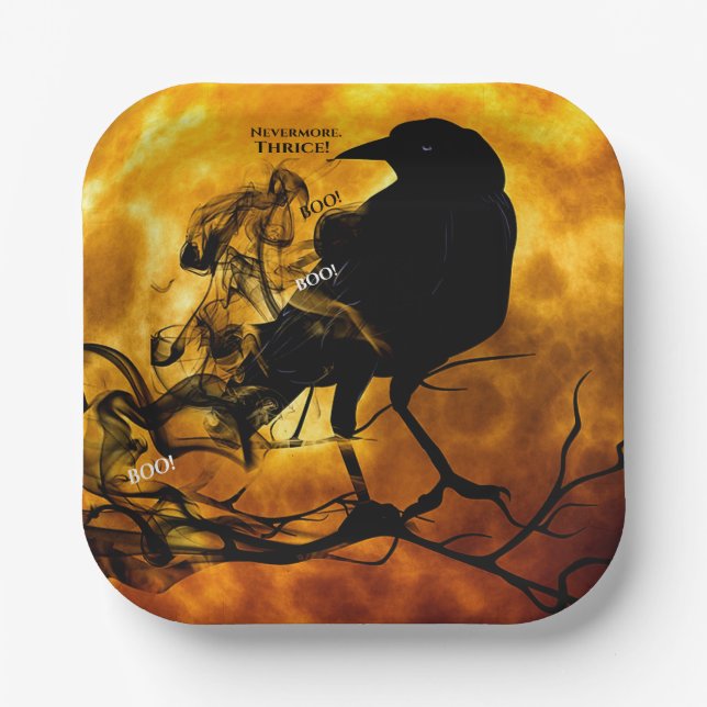 Silly Nevermore Boo Black Raven Halloween Party Paper Plates (Front)