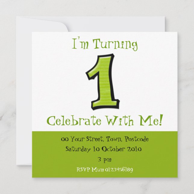 Silly Numbers 1 green Birthday Invitation (Front)