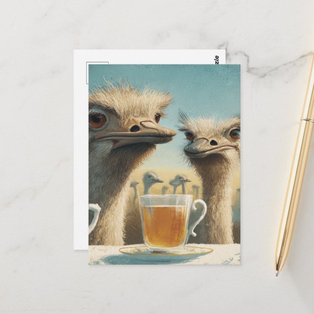 Silly Ostrich Teatime Postcard (Front/Back In Situ)
