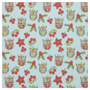 Silly Owls Christmas Holly Berries Quilting Cotton Fabric