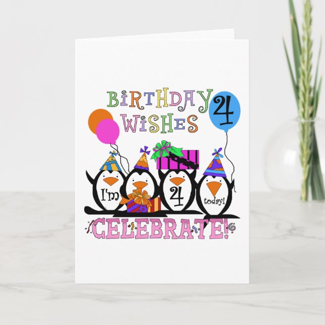 Silly Penguins 4th Birthday T-shirts and Gifts Card (Front)