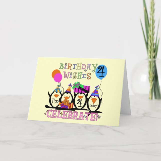 Silly Penguins 4th Birthday T-shirts and Gifts Card (Front)
