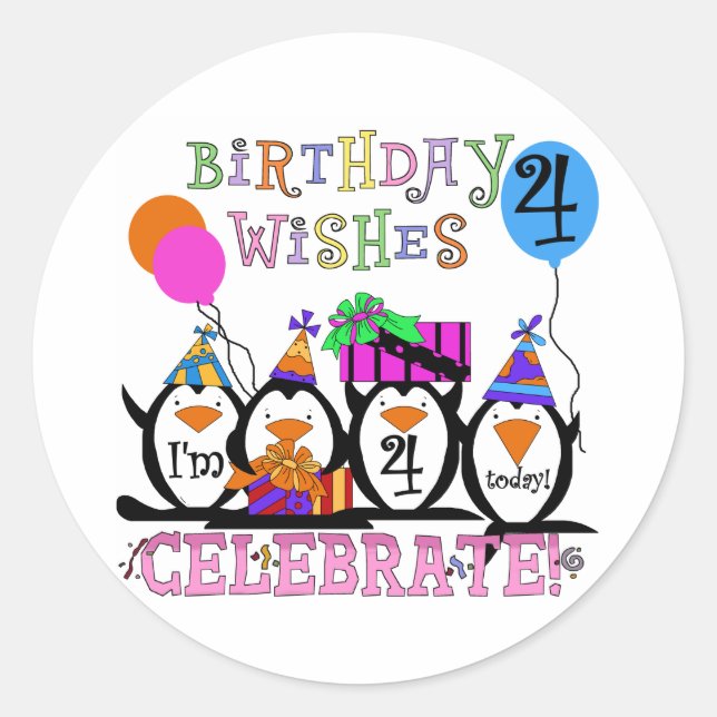 Silly Penguins 4th Birthday T-shirts and Gifts Classic Round Sticker (Front)