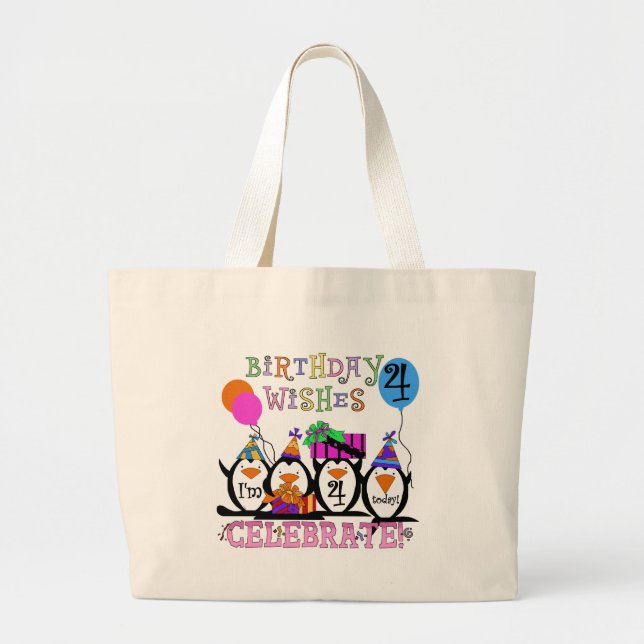Silly Penguins 4th Birthday T-shirts and Gifts Large Tote Bag (Front)