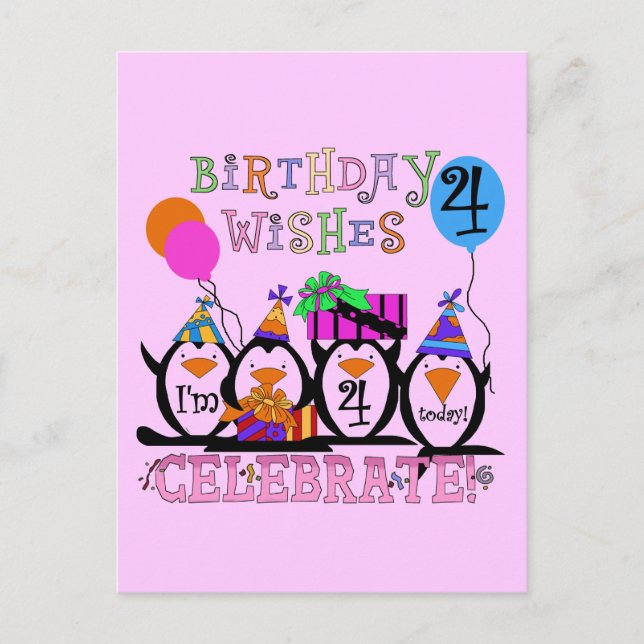 Silly Penguins 4th Birthday T-shirts and Gifts Postcard (Front)