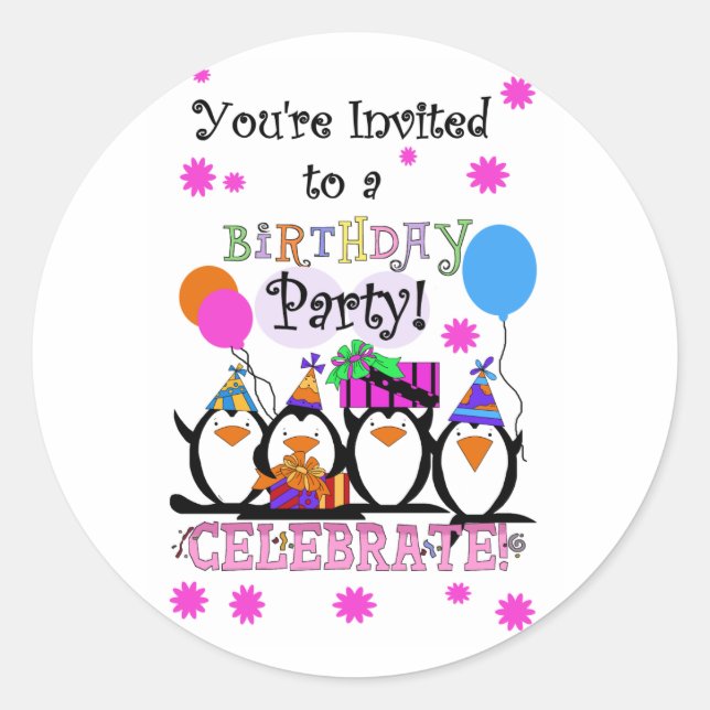 Silly Penguins Birthday Cards and Invitations Classic Round Sticker (Front)