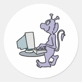 silly purple computer alien monster classic round sticker