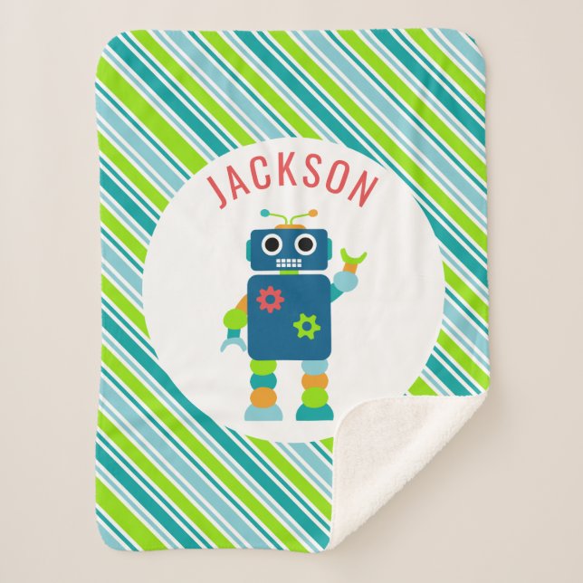 Silly Robot Kids Personalized Striped Adorable Sherpa Blanket (Front)