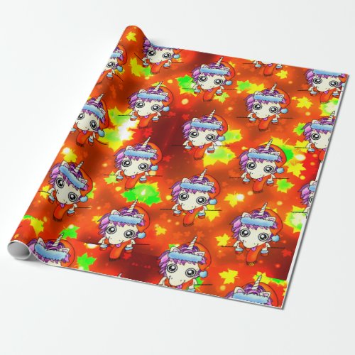 Silly Santa Unicorn with Gold Autumn Leaves Wrapping Paper
