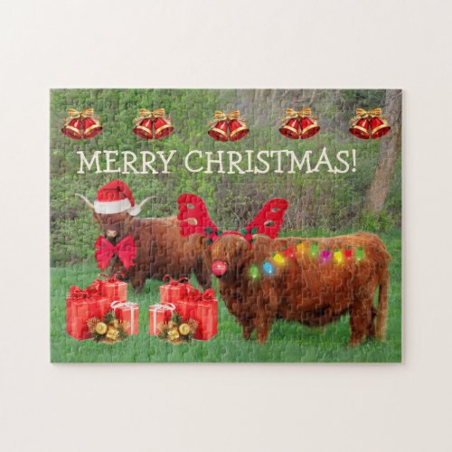 Silly Scottish Highland Steer Christmas Jigsaw Puzzle