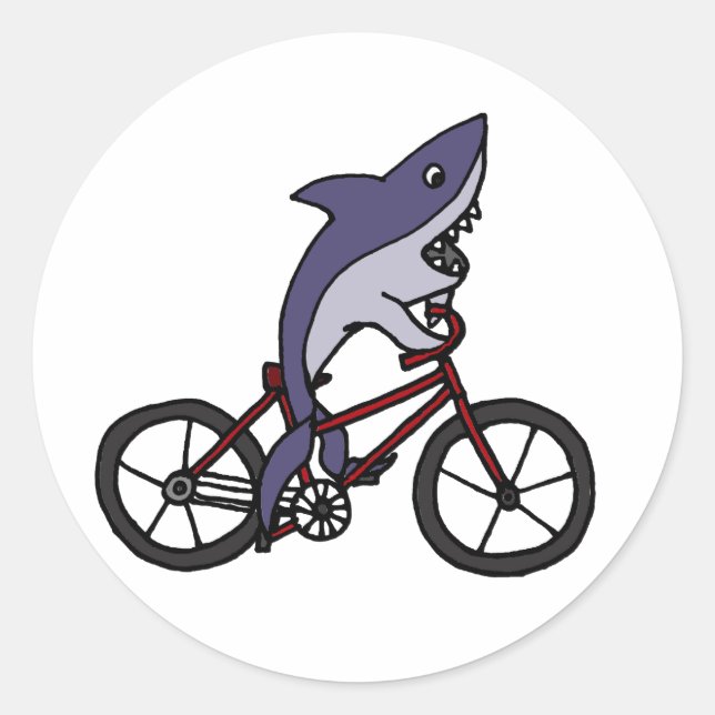 Silly Shark Riding Bicycle Cartoon Classic Round Sticker (Front)