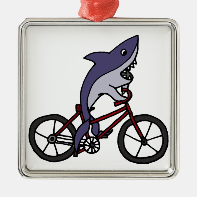 Silly Shark Riding Bicycle Cartoon Metal Ornament (Front)