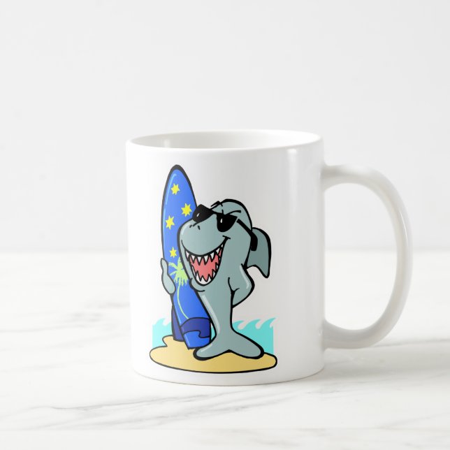 silly shark with surfboard coffee mug (Right)
