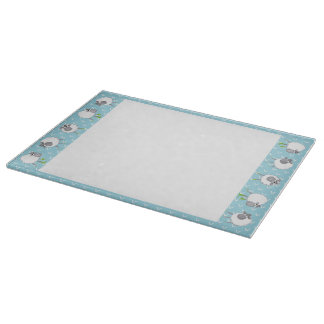 Silly Sheep on Blue Border Glass Cutting Board