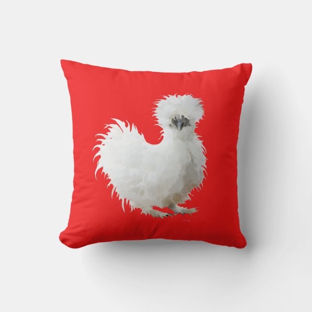 Silly Silkie Chicken on Red Throw Pillow (Front)