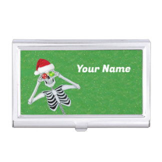 Silly Skeleton Santa Hat Ornaments on Green Business Card Case