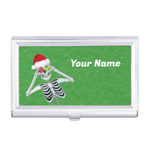 Silly Skeleton Santa Hat Ornaments on Green Business Card Case