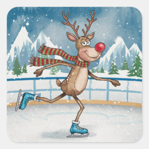 Silly Skinny Rudolph on ice Skates Christmas Square Sticker