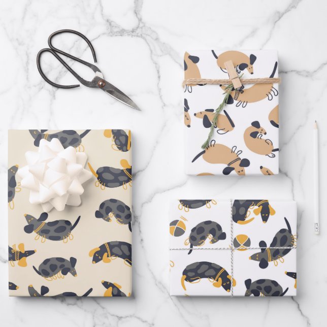 Silly Sleeping Dachshund Dogs Wrapping Paper Sheets (Front)