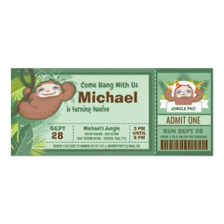Silly Sloth Boy Jungle Ticket Pass Birthday Party Invitation