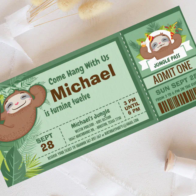 Silly Sloth Boy Jungle Ticket Pass Birthday Party Invitation 