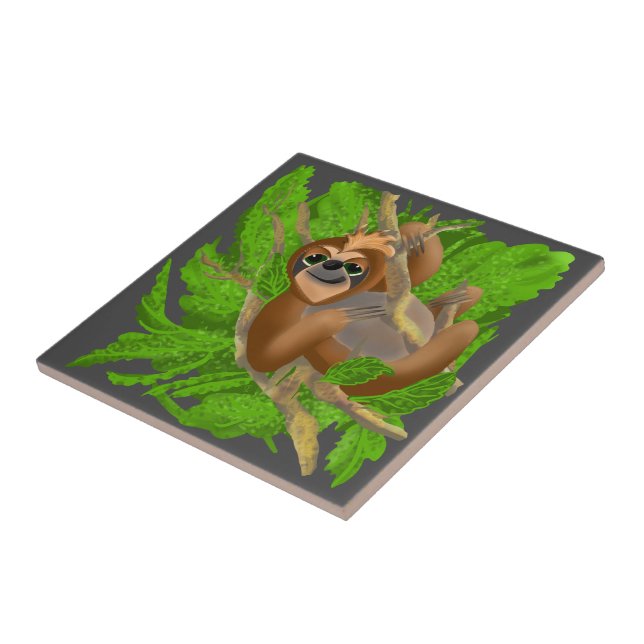 Silly Sloth Relaxing In A Tree Ceramic Tile (Side)