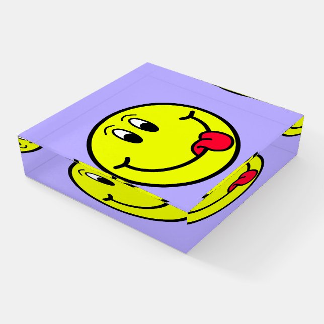 Silly Smiling Face  Emoji Glass Paperweight (Angled)