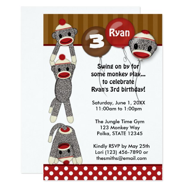 Silly SOCK MONKEY Birthday Invitation SMR Girl/boy