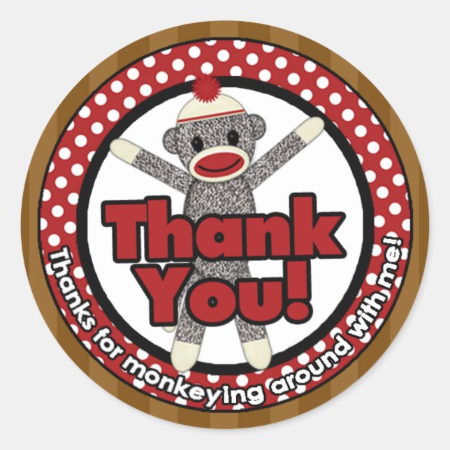 Silly SOCK MONKEY Birthday Round sticker SMR #4 (Front)