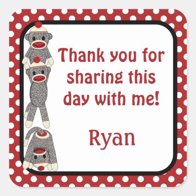 Silly SOCK MONKEY Birthday square sticker SMR (Front)