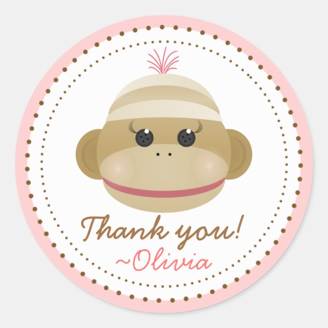 Silly Sock Monkey Girl Personalized Favor Stickers (Front)