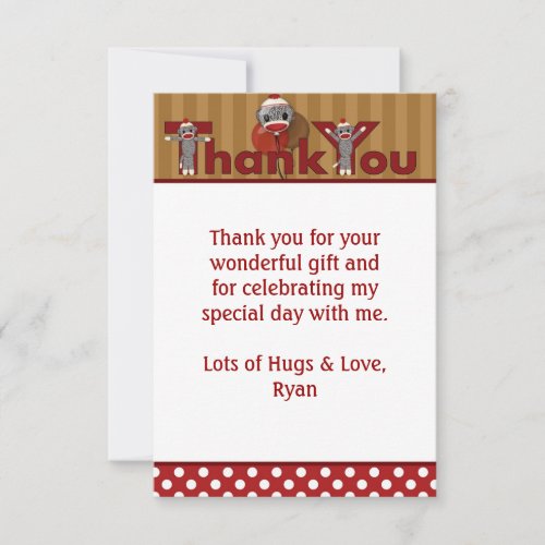 Silly SOCK MONKEY Thank You 3.5"x5" (FLAT style) Personalized Invites