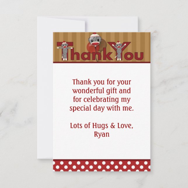 Silly SOCK MONKEY Thank You 3.5"x5" (FLAT style) Card (Front)