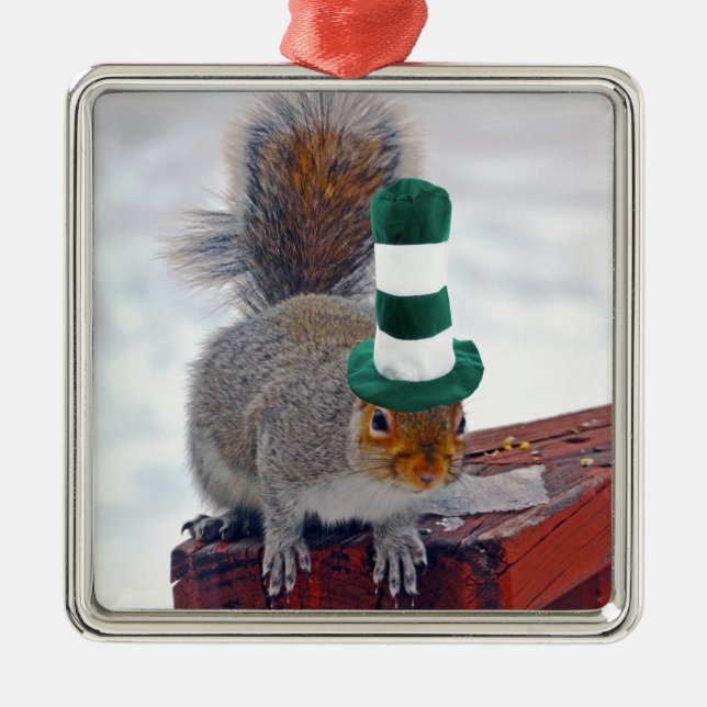 Silly Squirrel with Green Striped Hat Ornament (Front)