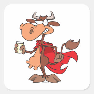 silly super cow drinking milk cartoon square sticker