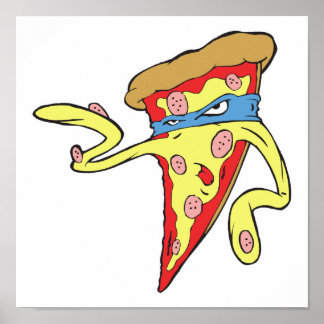 silly superhero villian pepperoni pizza character poster
