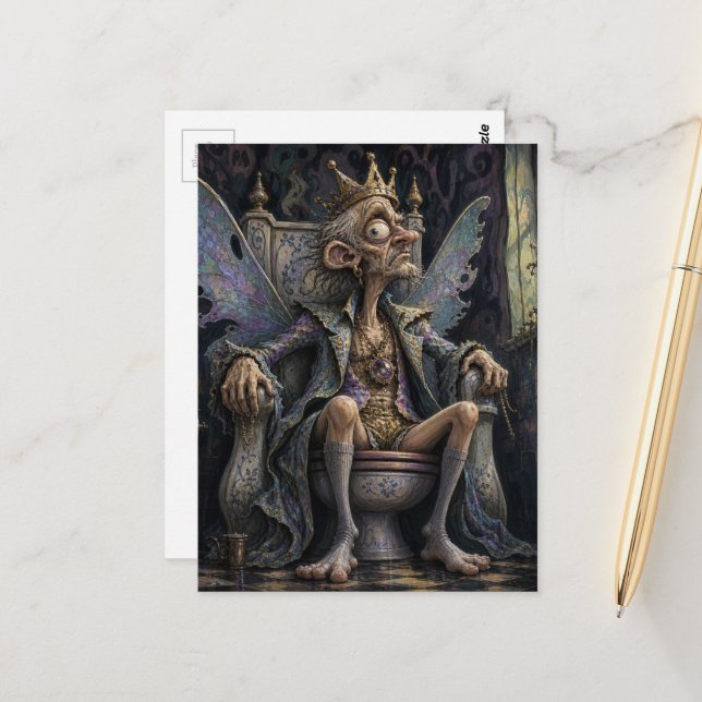 Silly Surreal Fairy King on His Porcelain Throne Postcard (Front/Back In Situ)