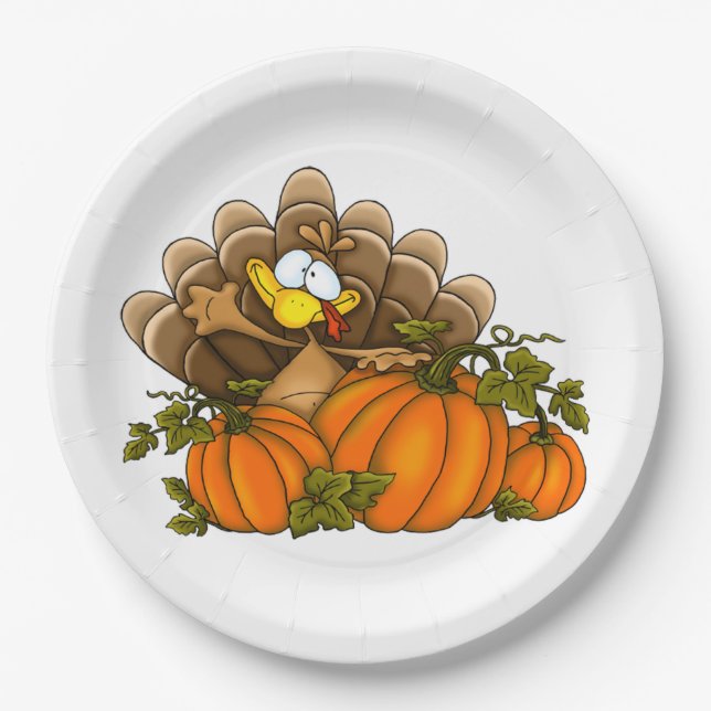Silly Turkey and Pumpkins Paper Plates (Front)
