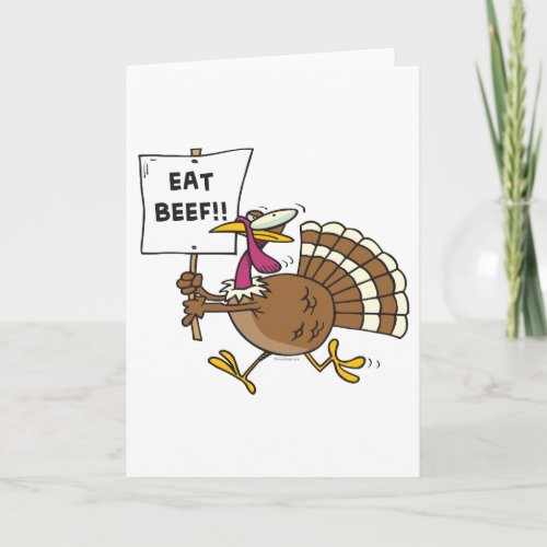 silly turkey with eat beef sign toon holiday card