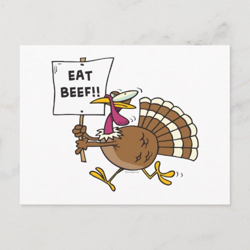 silly turkey with eat beef sign toon postcard