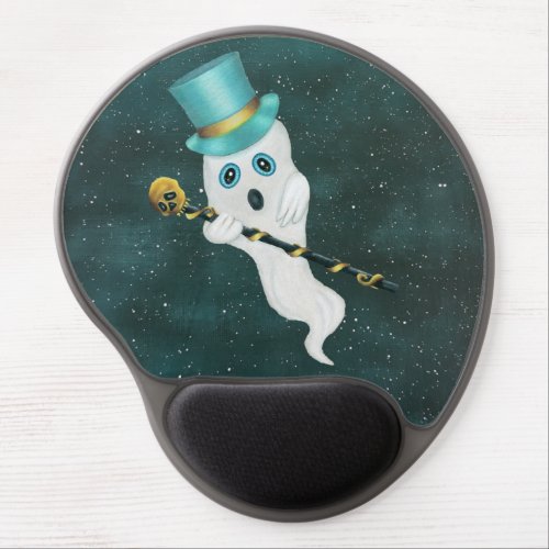 Silly White Ghost Blue Top Hat Skull Cane in sky Gel Mouse Pad